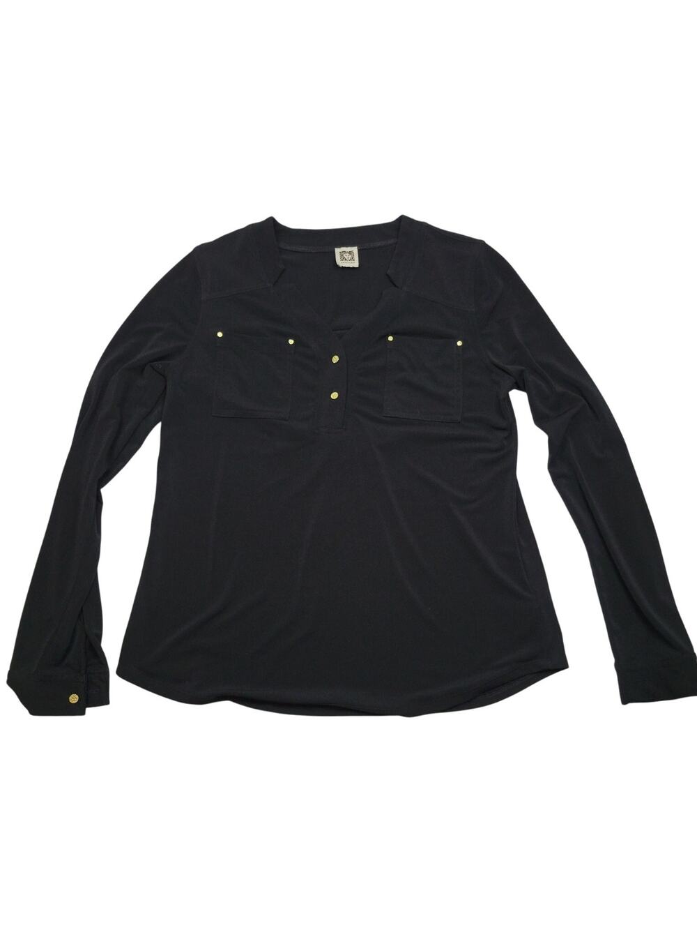 Anne Klein Women's v-neck Blouse Black Gold buttons rivets Pockets Womens Size M